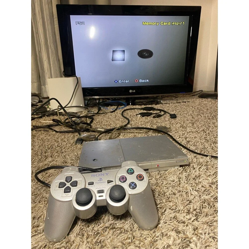 Sony Playstation 2 PS2 Slim Silver Console OEM Silver Controller Tested + memory